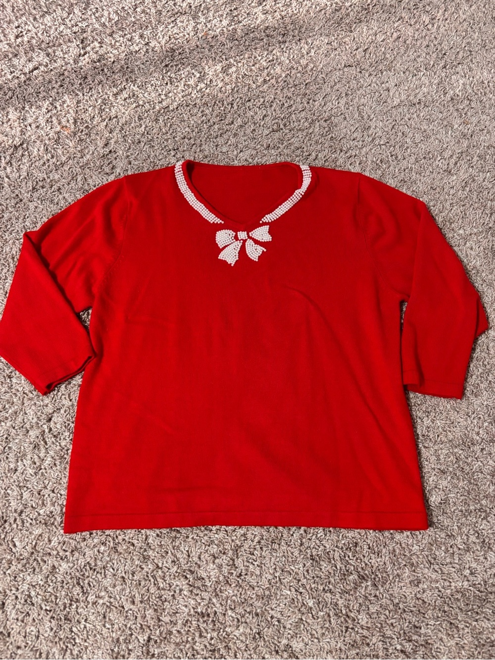 Red Women's V-Neck Sweater with Pearl Bow Detail